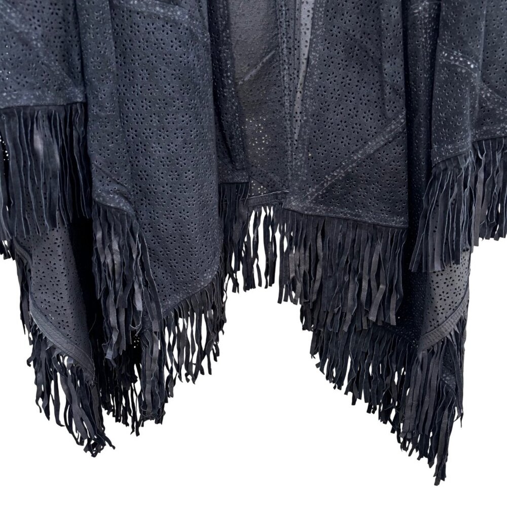 Suzanne Somers Vintage Boho Western Laser Cut Leather Fringed Poncho Wrap OS - Picture 5 of 10
